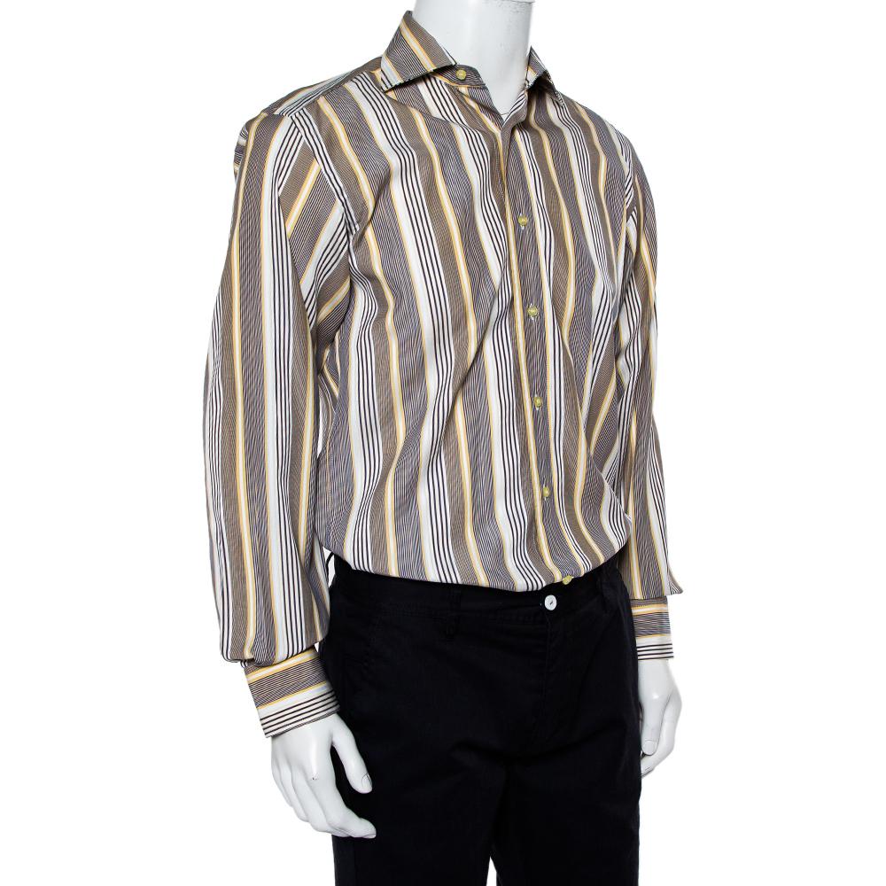 Gray Etro Yellow & Navy Blue Striped Cotton Button Front Shirt S For Sale