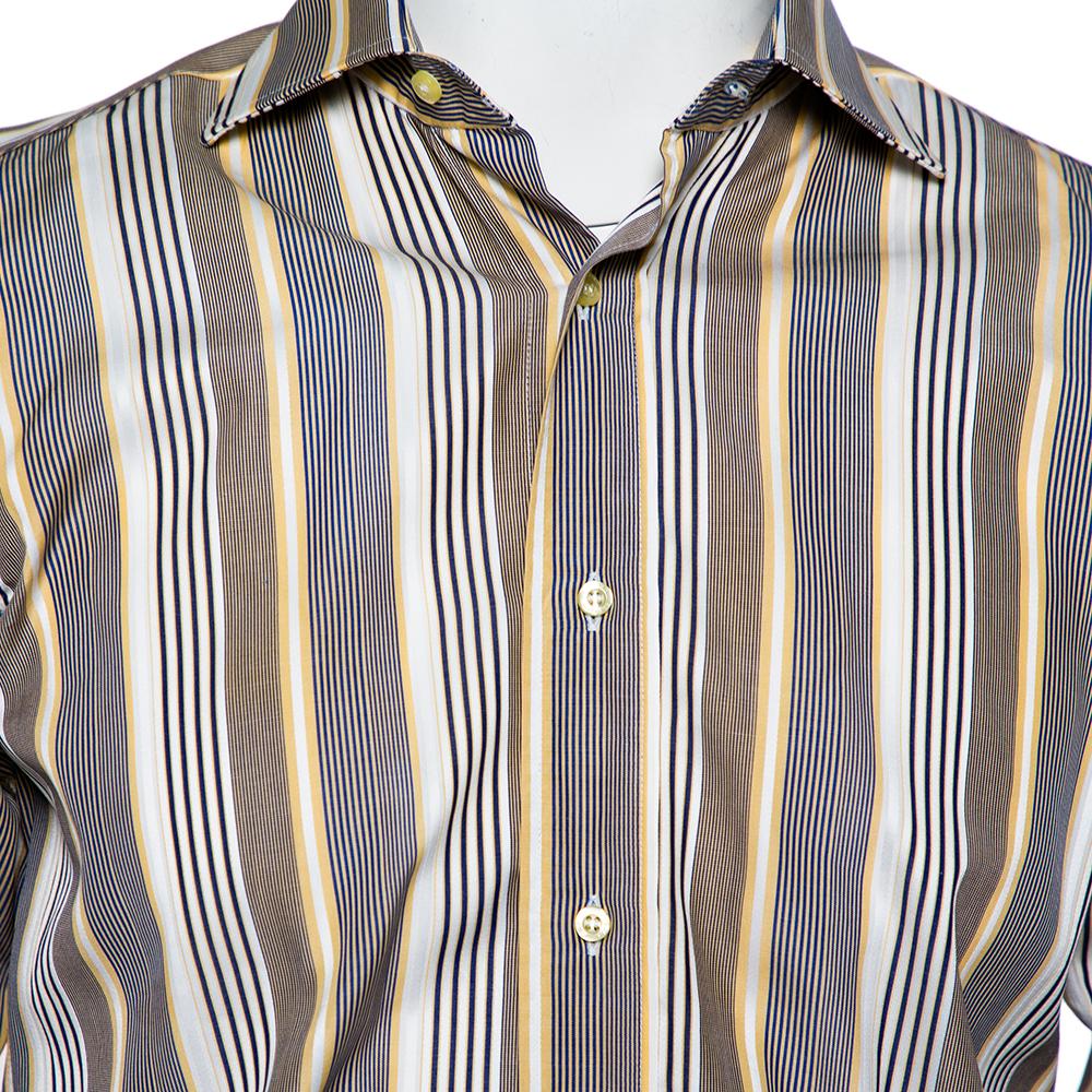 Men's Etro Yellow & Navy Blue Striped Cotton Button Front Shirt S For Sale