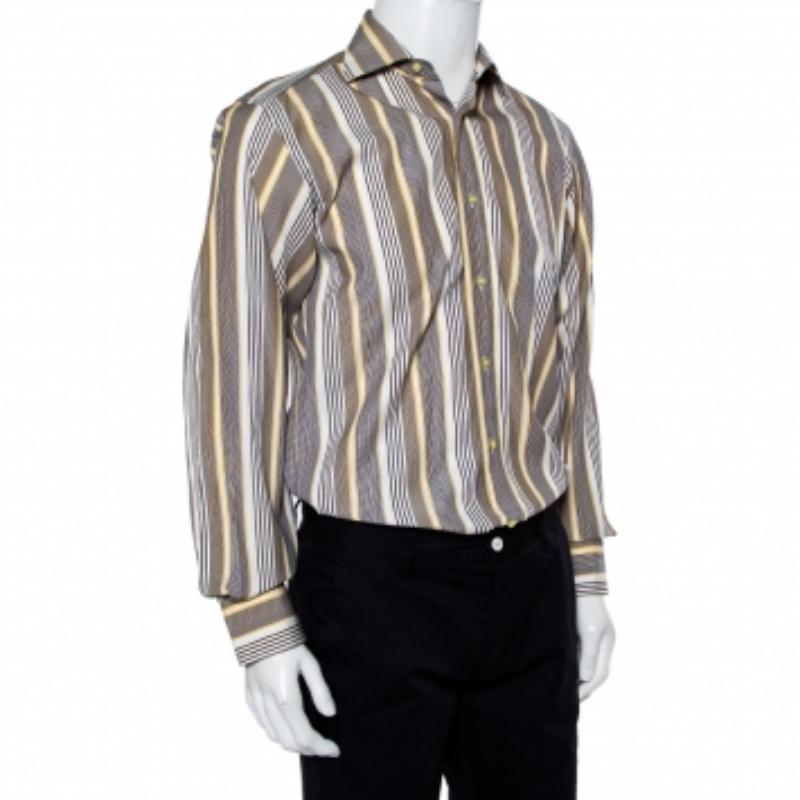 Etro Yellow & Navy Blue Striped Cotton Button Front Shirt S For Sale 1