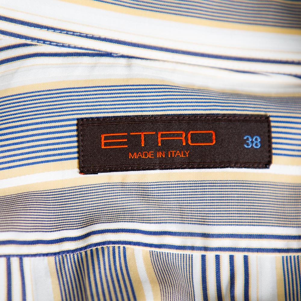 Etro Yellow & Navy Blue Striped Cotton Button Front Shirt S For Sale 1