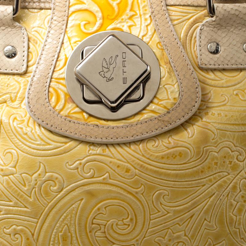 Etro Yellow Paisley Embossed Patent Leather Tote For Sale 6