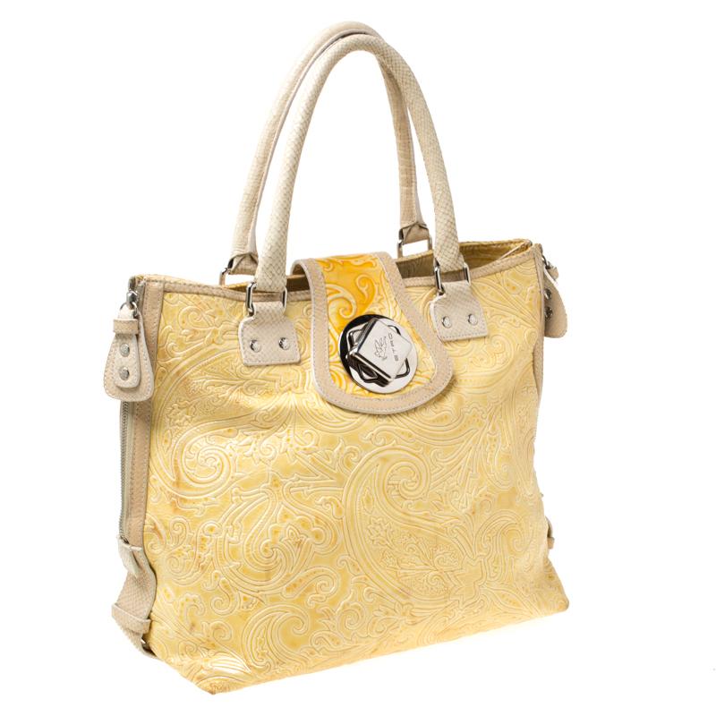 Beige Etro Yellow Paisley Embossed Patent Leather Tote For Sale