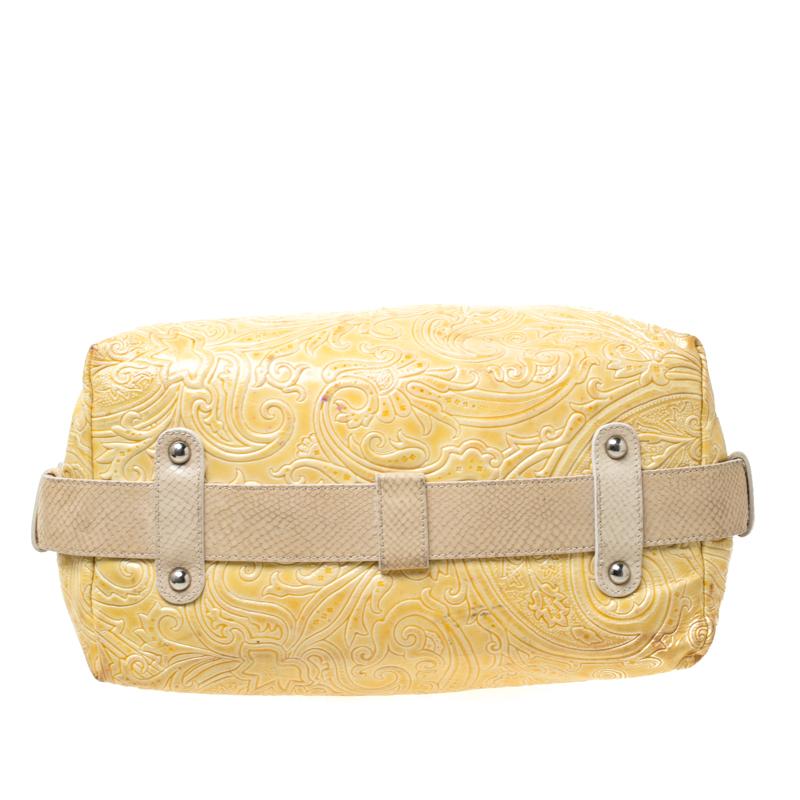 Women's Etro Yellow Paisley Embossed Patent Leather Tote For Sale