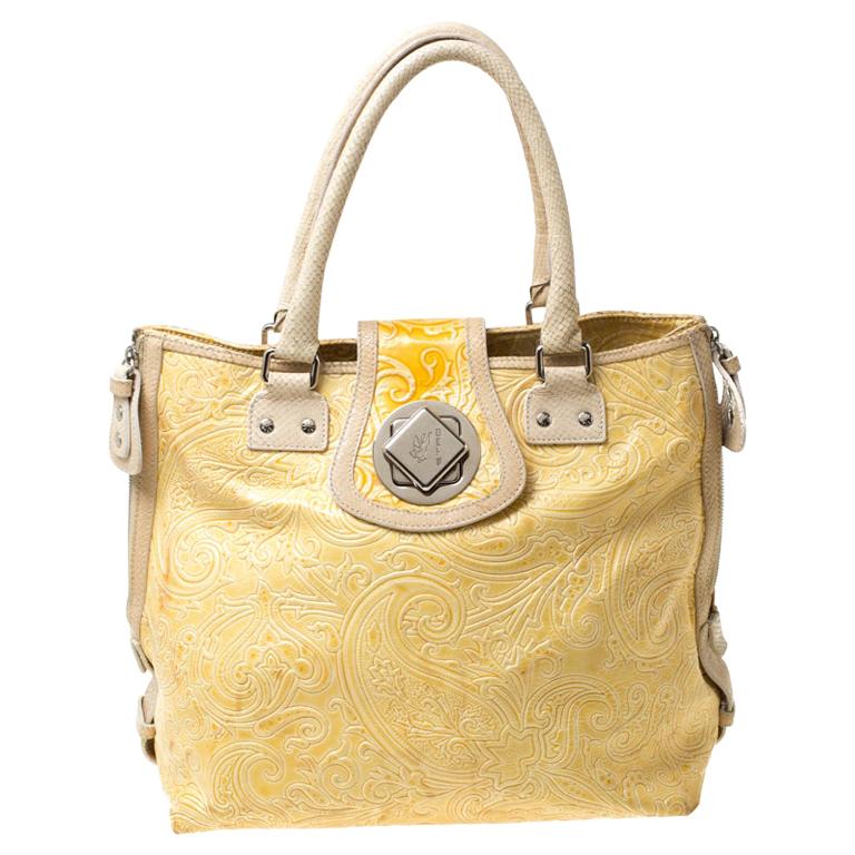 Etro Yellow Paisley Embossed Patent Leather Tote For Sale