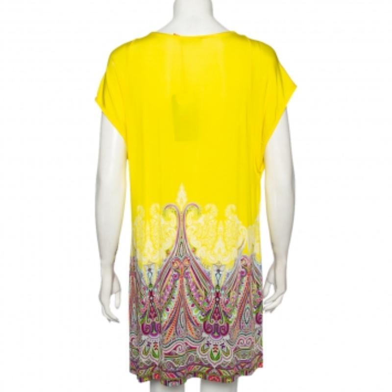 Etro Amarillo/Paisley Jersey Estampado Canesú Fruncido Vestido Detallado M/L en Bueno Estado en Dubai, Al Qouz 2