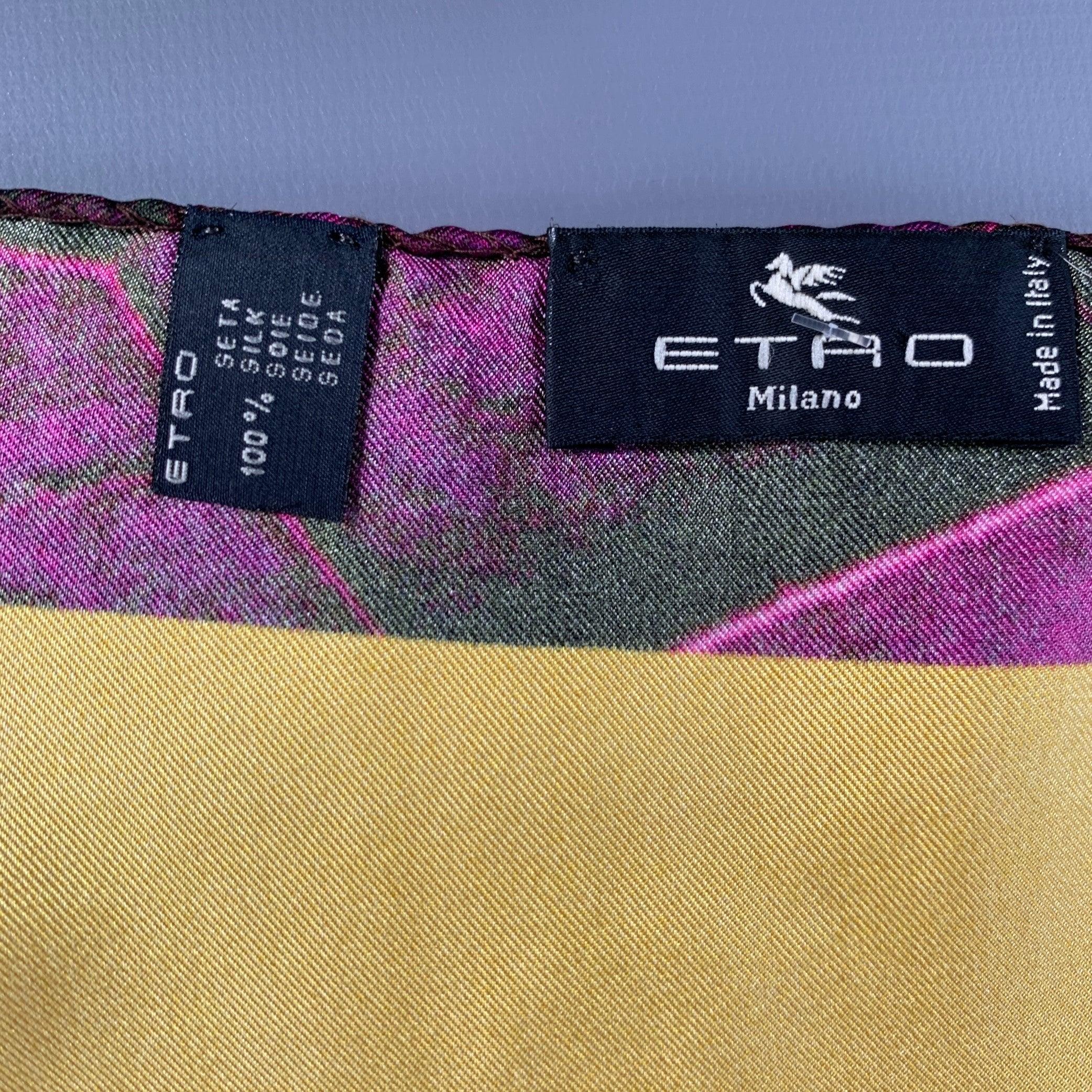 ETRO Gelbes lila Seiden-Einstecktuch Herren im Angebot