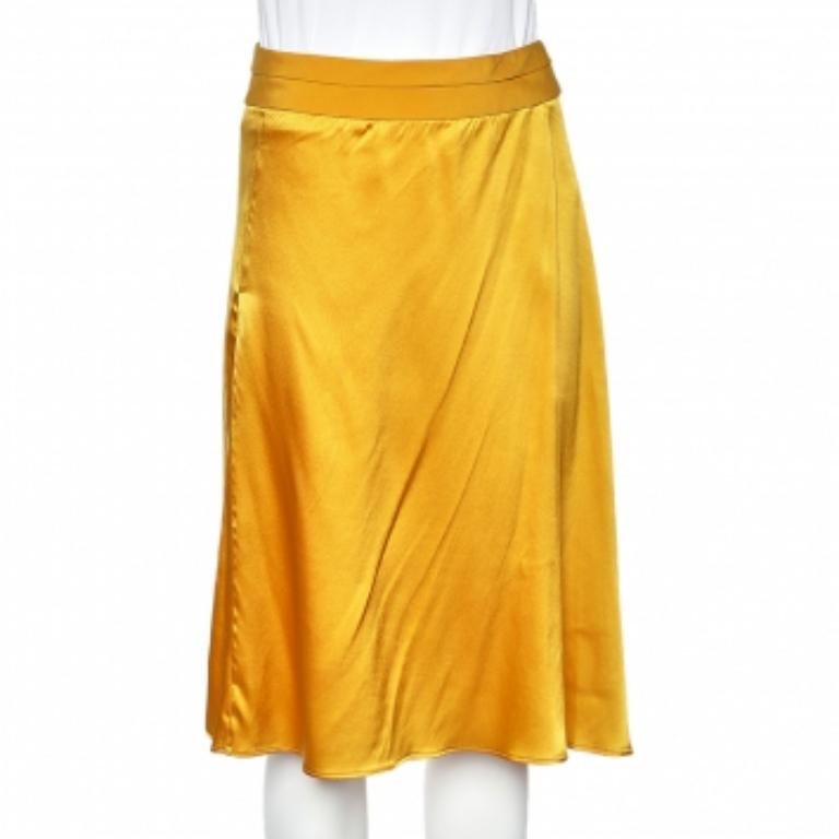 Jaune Etro Yellow Silk, Satin And Pleated Crepe Trim Skirt S en vente