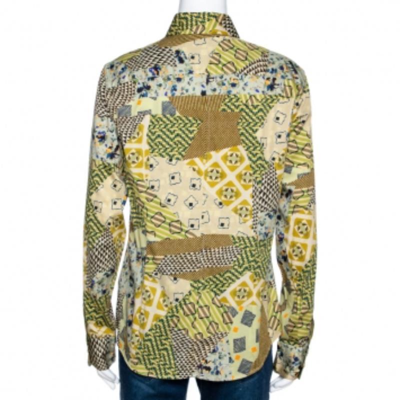 Jaune Etro - Chemise en coton extensible jaune à boutons et imprimé multicolore L en vente