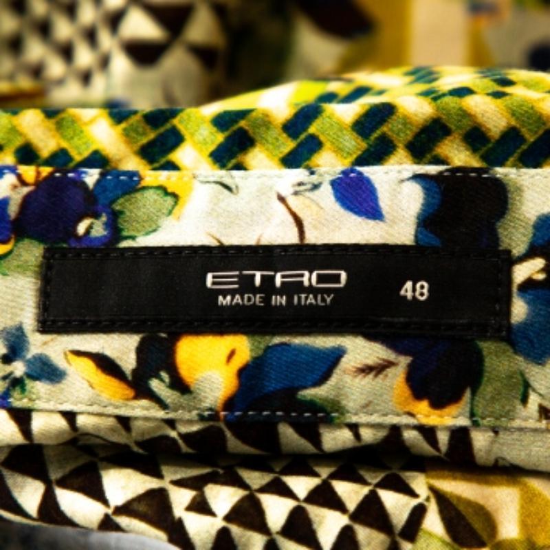 Etro - Chemise en coton extensible jaune à boutons et imprimé multicolore L en vente 1