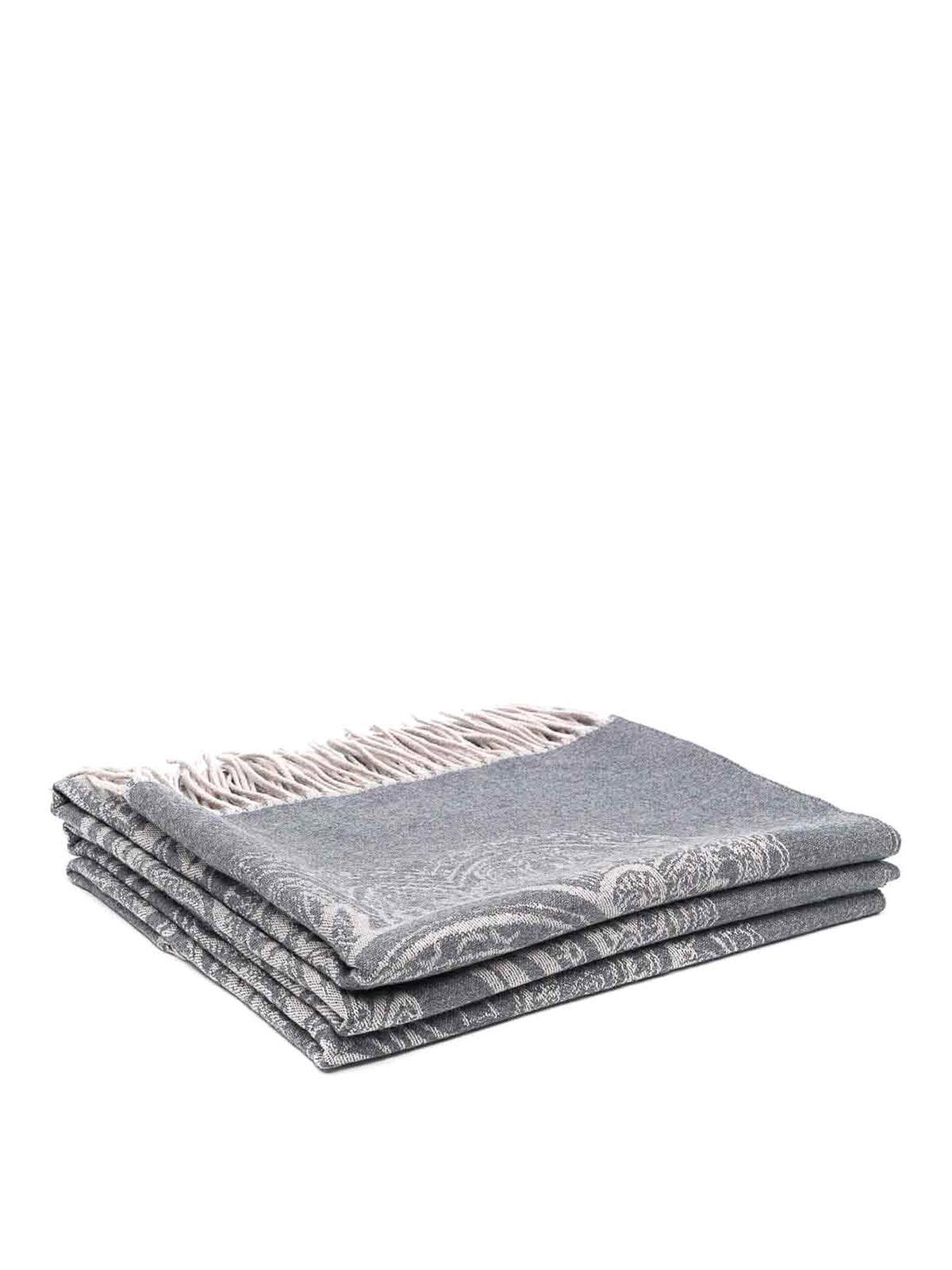 Delicate framed jacquard pattern, 100% wool through, gorgeous gray, dual side; Fringed edges, Dimensions: 55