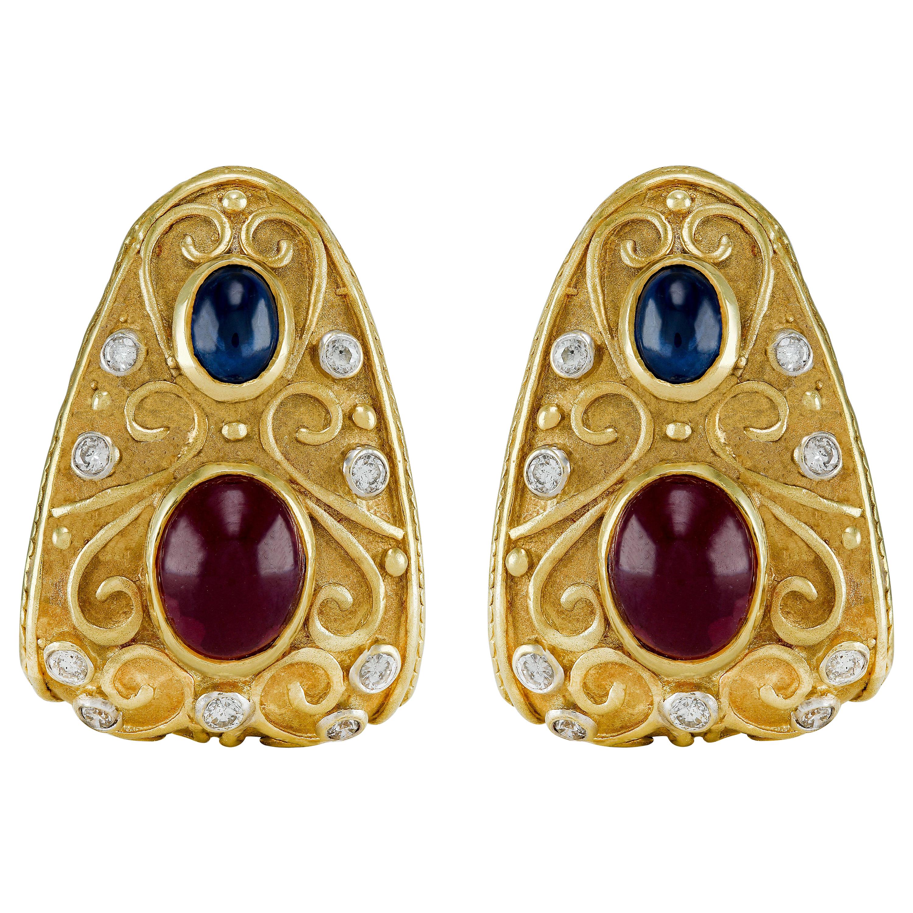 Etruscan 18 Karat Cabochon Ruby and Sapphire Dimond Earring For Sale