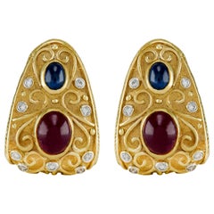 Etruscan 18 Karat Cabochon Ruby and Sapphire Dimond Earring