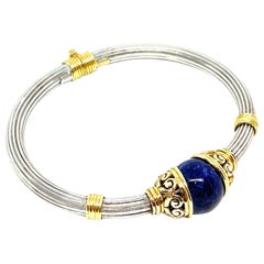 Etruscan 18 Karat Yellow Gold and Sterling Lapis Lazuli Clamper Bracelet