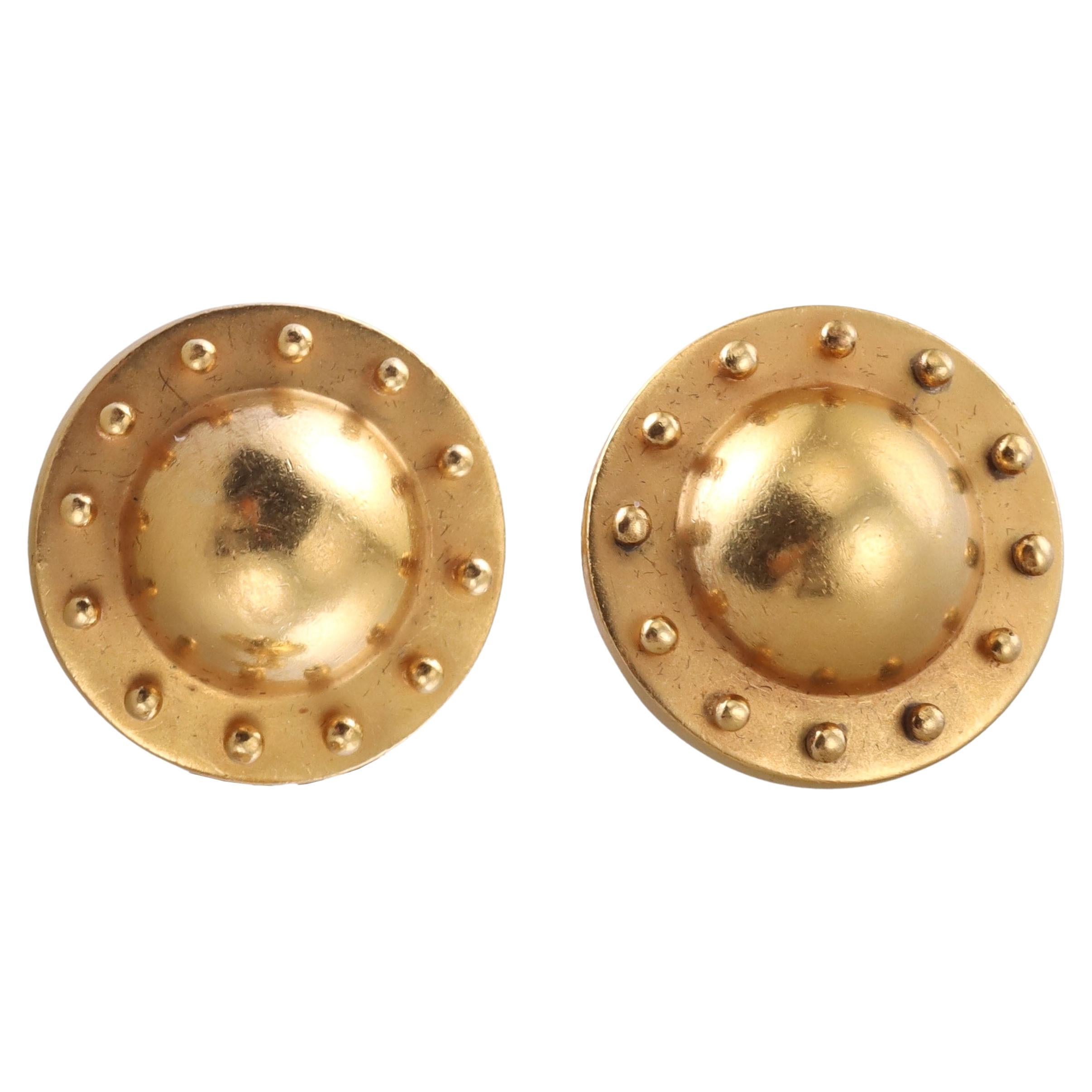 Etruscan Beading Gold Button Earrings For Sale