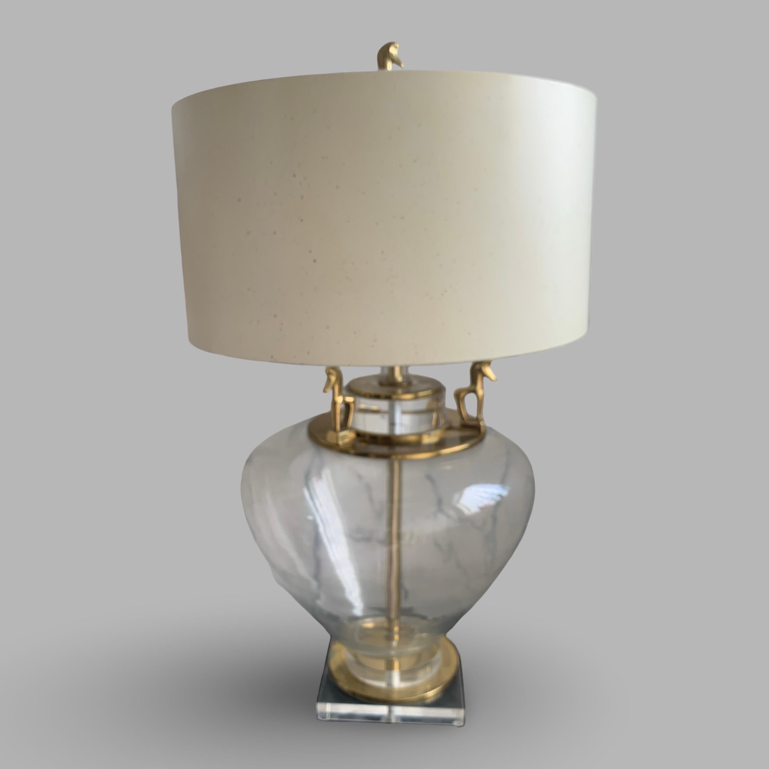 Unknown Etruscan Brass Horse and Clear Glass Modern Large Table Lamp w/ Lucite Base For Sale