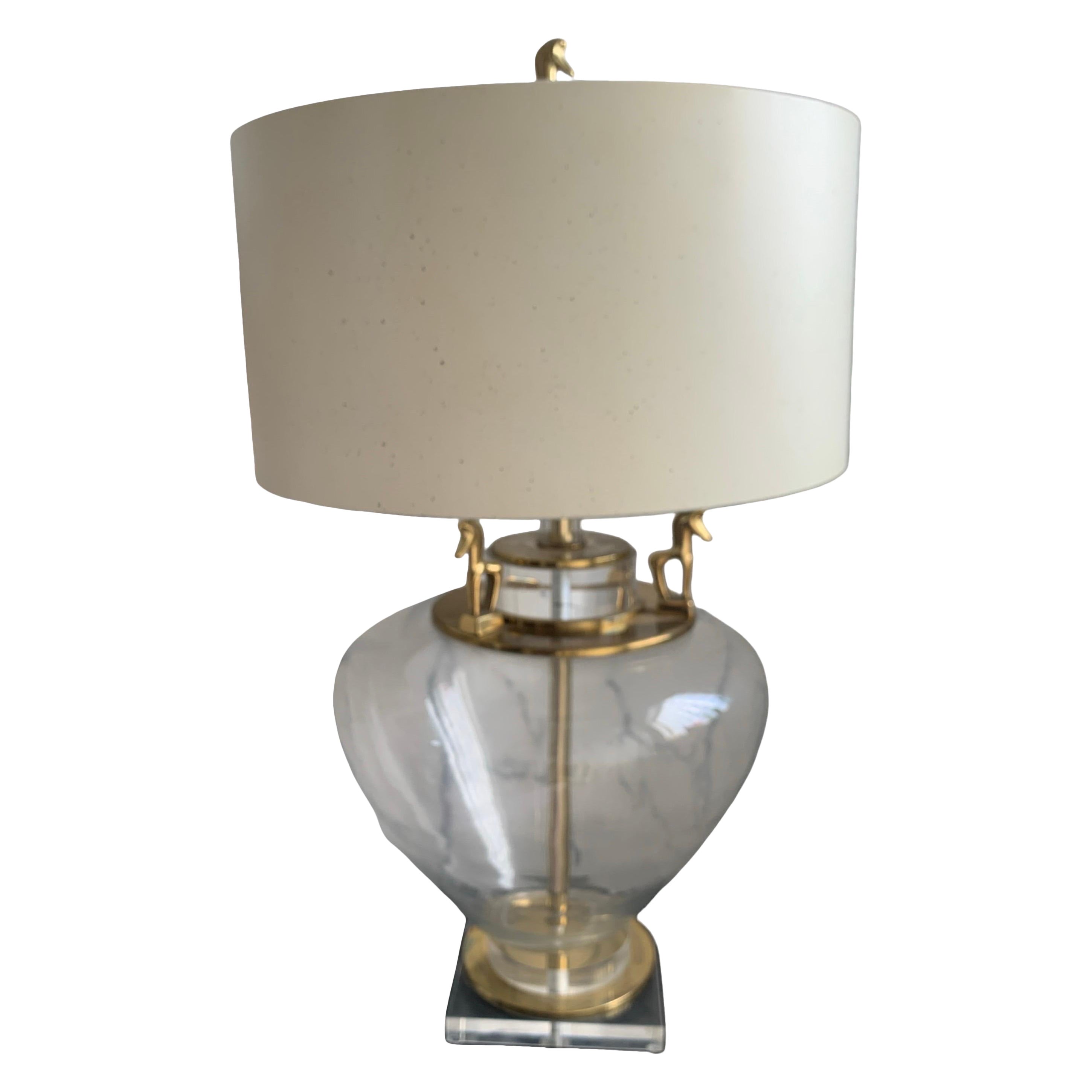 Etruscan Brass Horse and Clear Glass Modern Large Table Lamp w/ Lucite Base For Sale