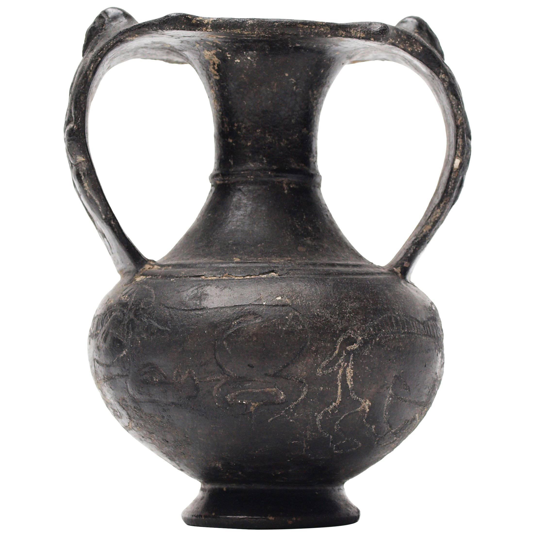 Etruscan "Bucchero" Black Ware Two Handle Vase For Sale