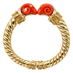 Etruscan Carved Coral Rams and Diamond 18 Karat Yellow Gold Bangle Bracelet