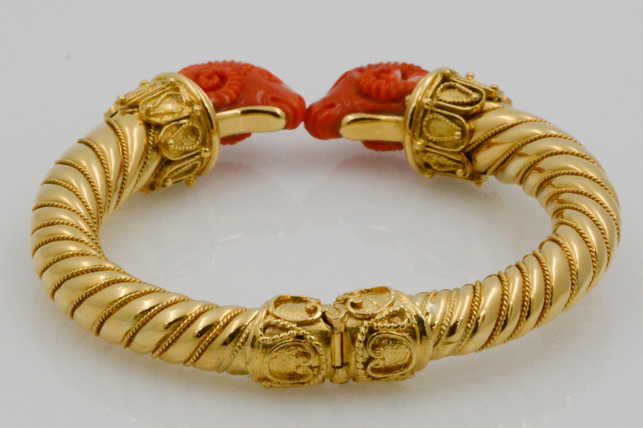 Etruscan Carved Coral Rams and Diamond 18 Karat Yellow Gold Bangle Bracelet 5