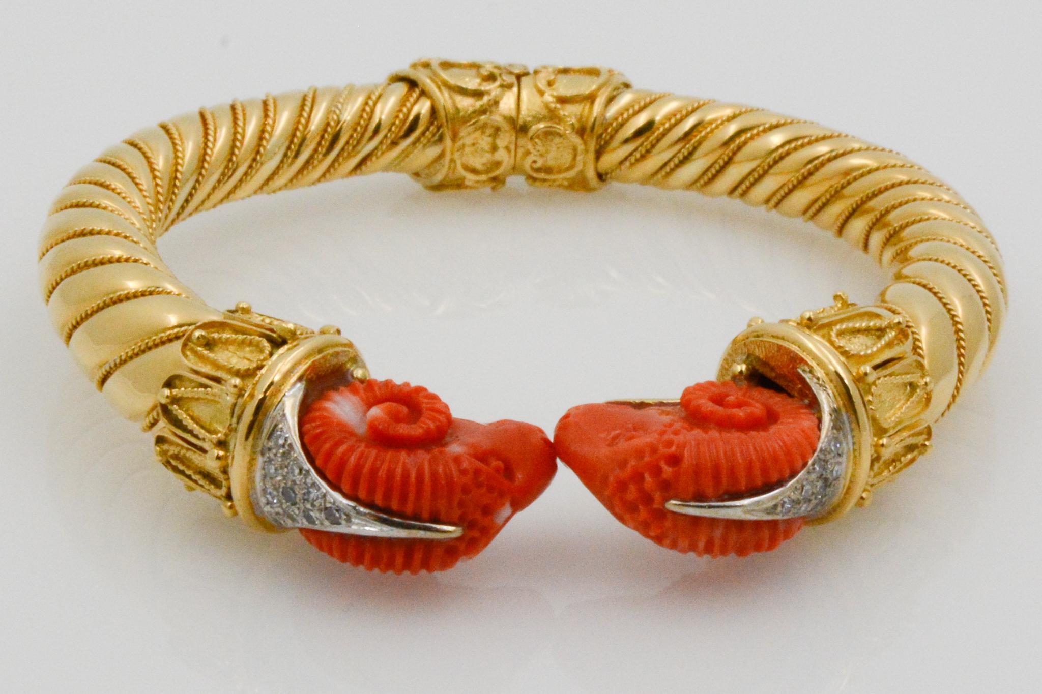 Etruscan Carved Coral Rams and Diamond 18 Karat Yellow Gold Bangle Bracelet 6