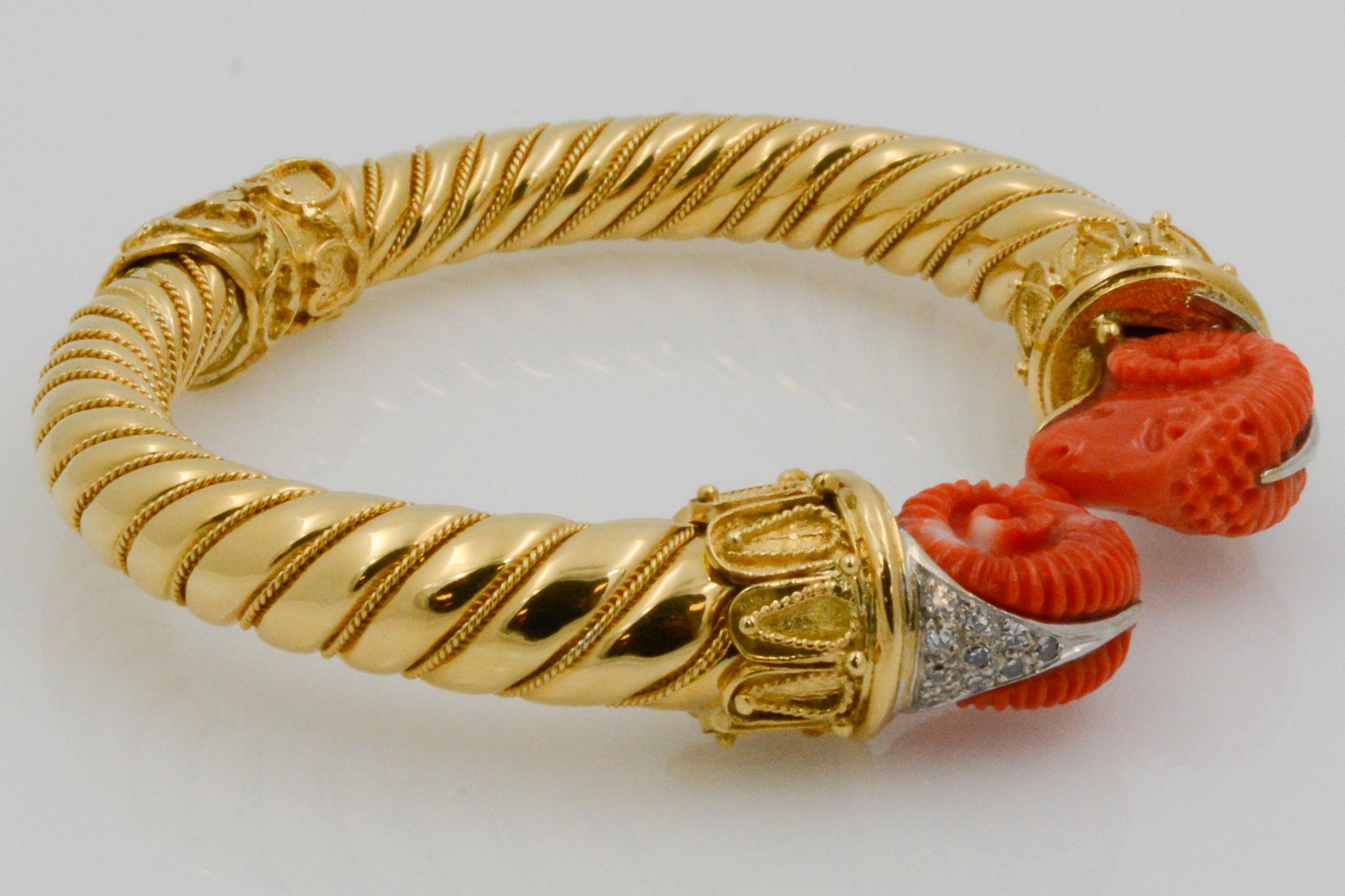 Etruscan Carved Coral Rams and Diamond 18 Karat Yellow Gold Bangle Bracelet 7