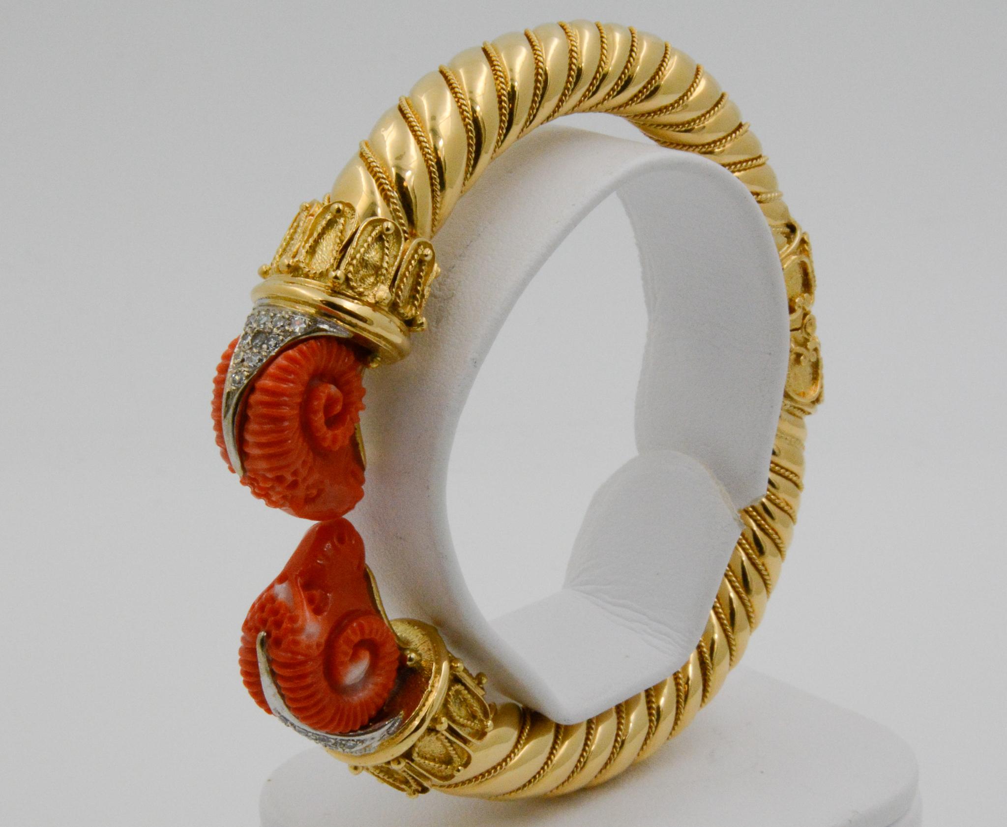 Etruscan Revival Etruscan Carved Coral Rams and Diamond 18 Karat Yellow Gold Bangle Bracelet