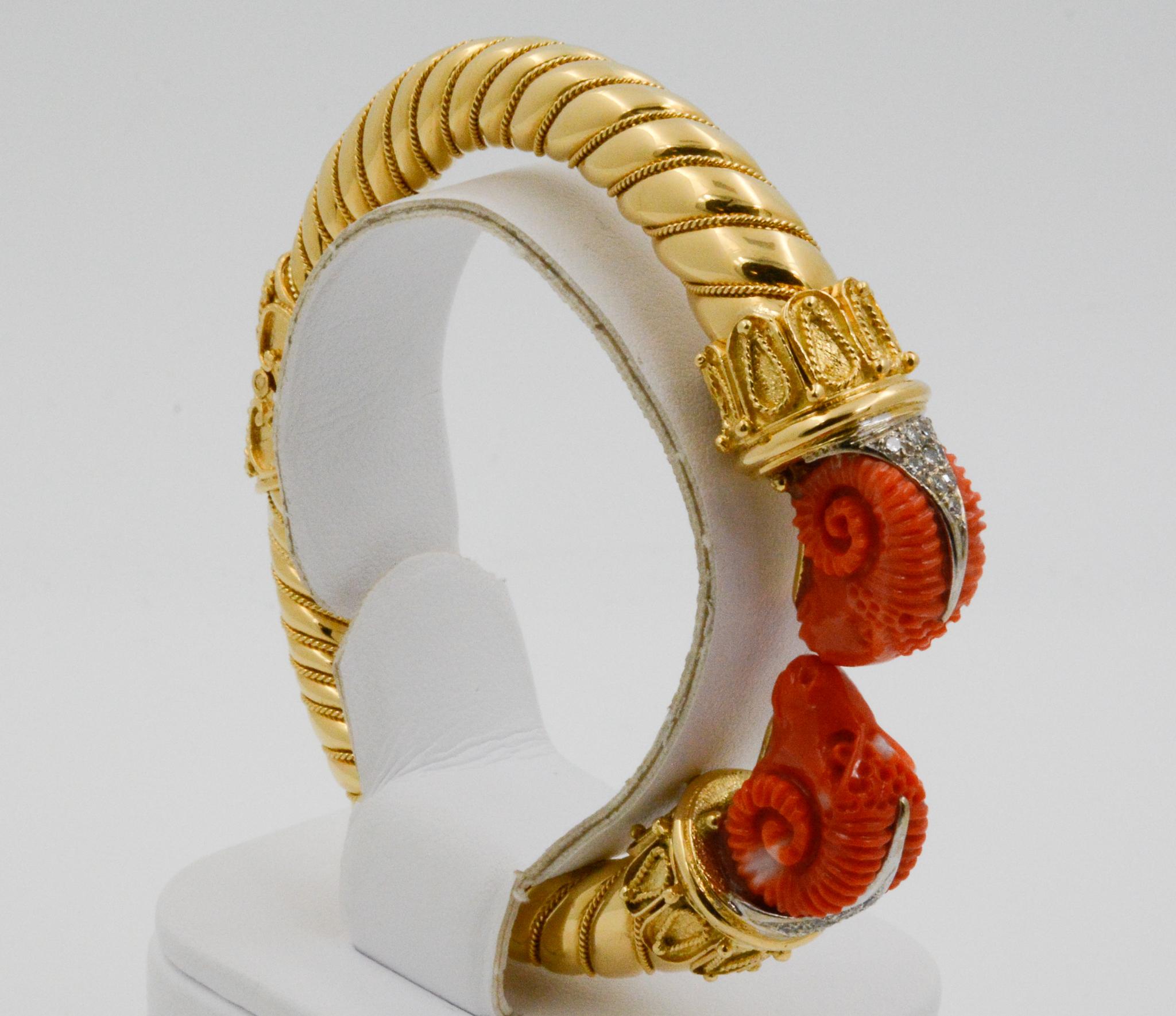 Round Cut Etruscan Carved Coral Rams and Diamond 18 Karat Yellow Gold Bangle Bracelet