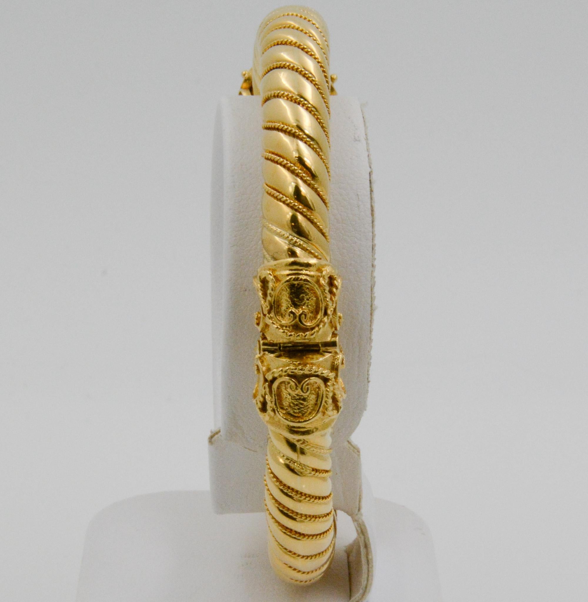 Etruscan Carved Coral Rams and Diamond 18 Karat Yellow Gold Bangle Bracelet In Good Condition In Dallas, TX