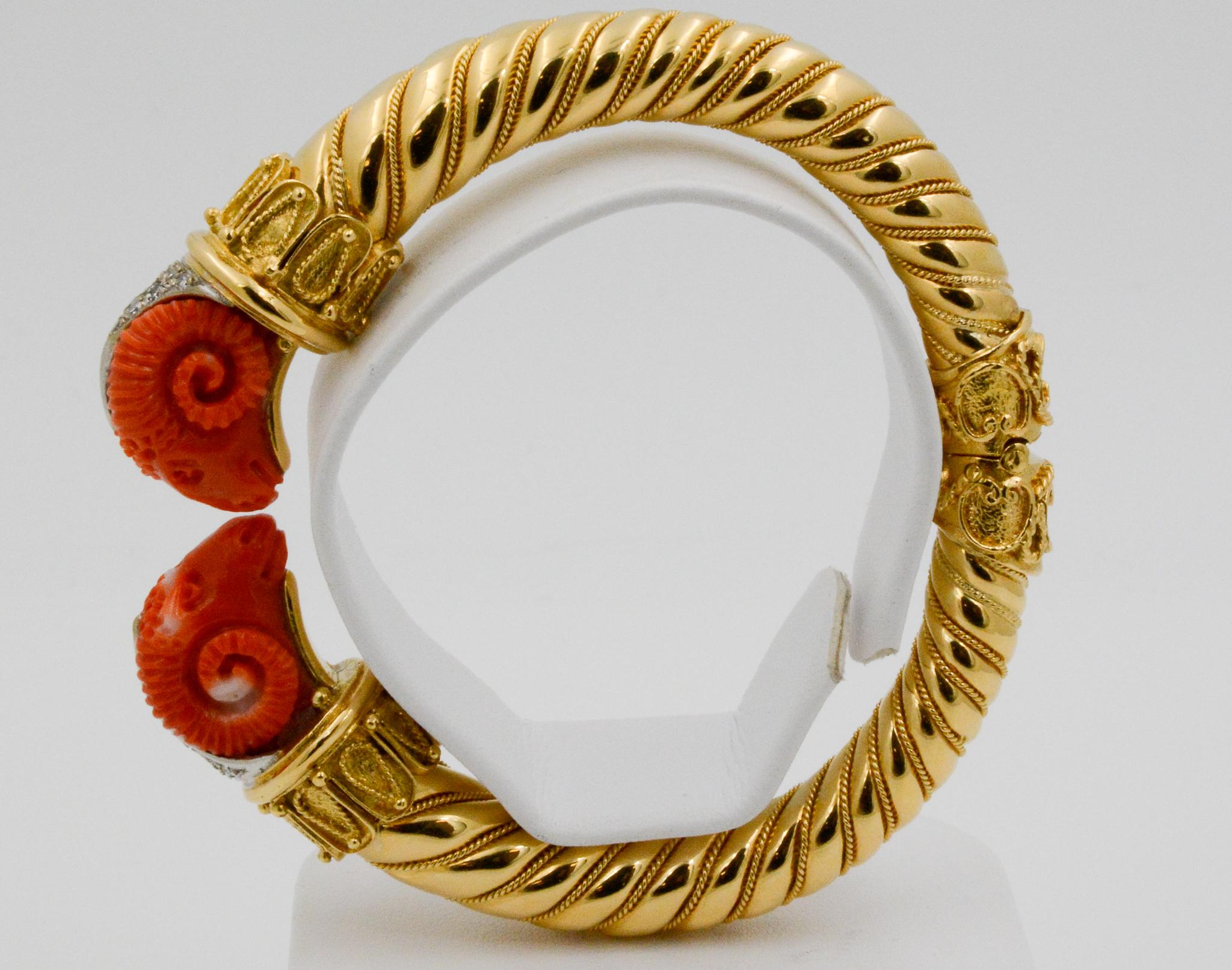 Women's Etruscan Carved Coral Rams and Diamond 18 Karat Yellow Gold Bangle Bracelet