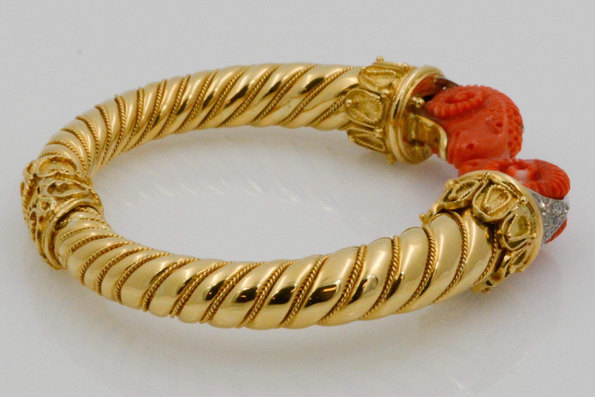 Etruscan Carved Coral Rams and Diamond 18 Karat Yellow Gold Bangle Bracelet 1