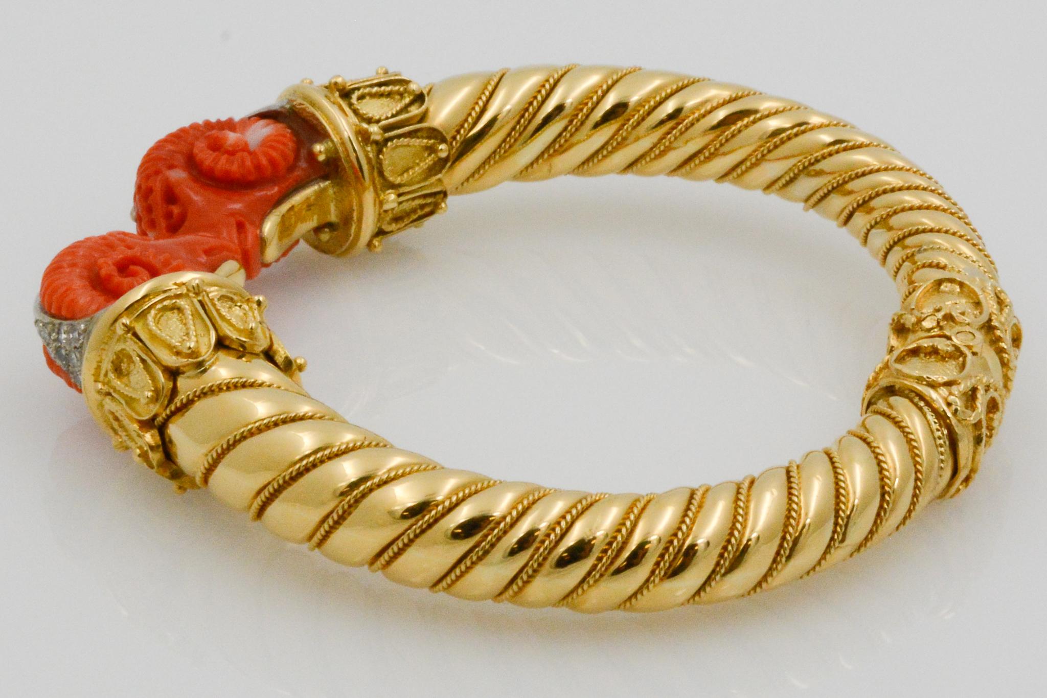 Etruscan Carved Coral Rams and Diamond 18 Karat Yellow Gold Bangle Bracelet 2