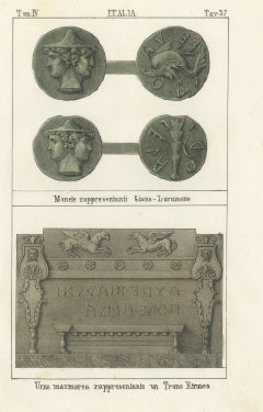 Etruscan Coins with Janus and a Marble Urn Carved as an Etruscan Throne, 1842