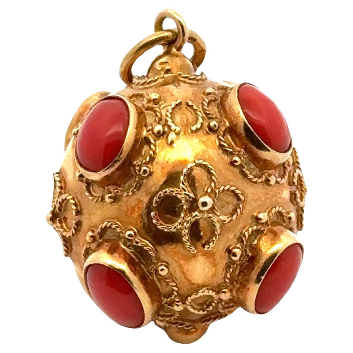 Etruscan Coral 18 Karat Yellow Gold Round Vintage Fob Charm Pendant For Sale