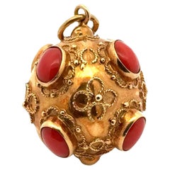 Etruscan Coral 18 Karat Yellow Gold Round Vintage Fob Charm Pendant