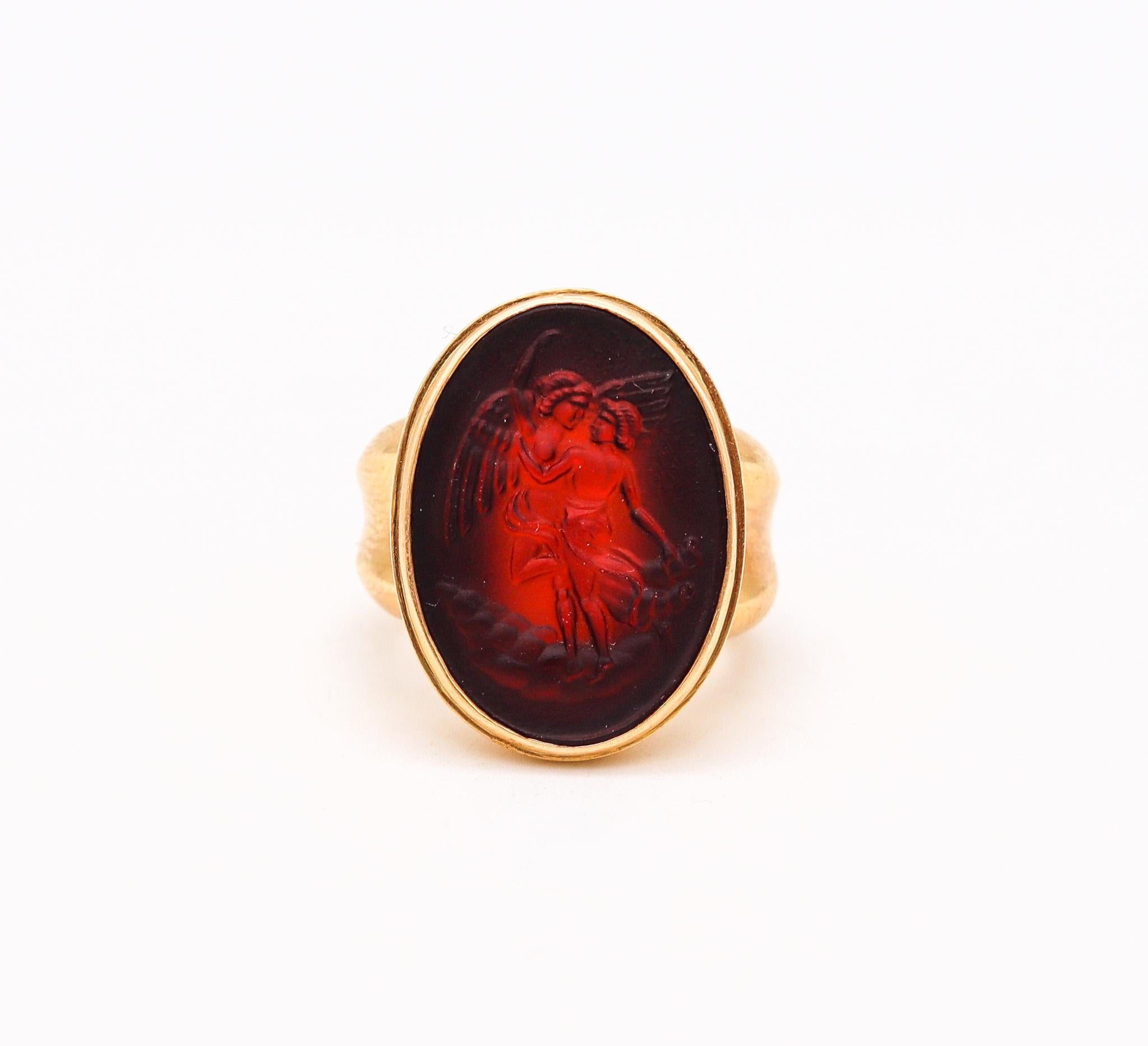Signet ring with carnelian.

Gorgeous statement signet ring, crafted in Europe in solid yellow gold of 18 karats with high polished finish. Designed in the ancient style with very bold look and exhibiting great eye appeal. The craftsmanship is