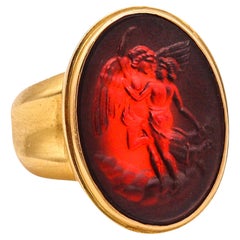 Antique Etruscan Intaglio Signet Cocktail Ring With Carved Carnelian In 18Kt Yellow Gold