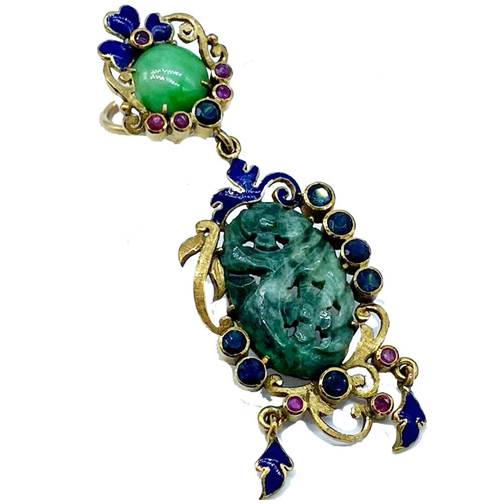 Etruscan style Jade Enamel and Sapphire Dangle Earrings 
Fine handcrafted dangle Jade earrings set in a 14 Karat gold setting with blue enamel accenting detail. Converted for pierced earrings from original omega-style backs.
(The post was added and