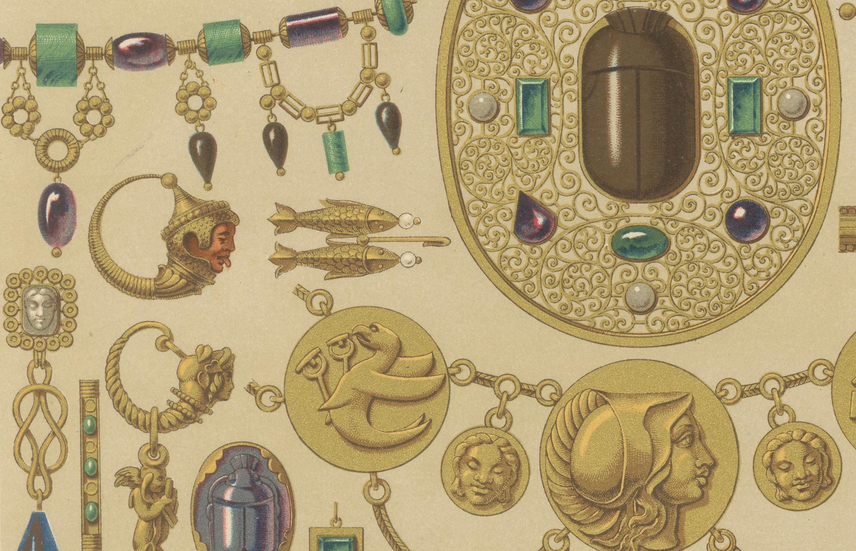 Gravure sur bijoux étrusques - Lithographie ancienne de motifs d'ornements en or et en pierres précieuses, c.1869

Cette somptueuse chromolithographie met en valeur l'opulence et l'art des bijoux étrusques antiques, méticuleusement reproduits dans