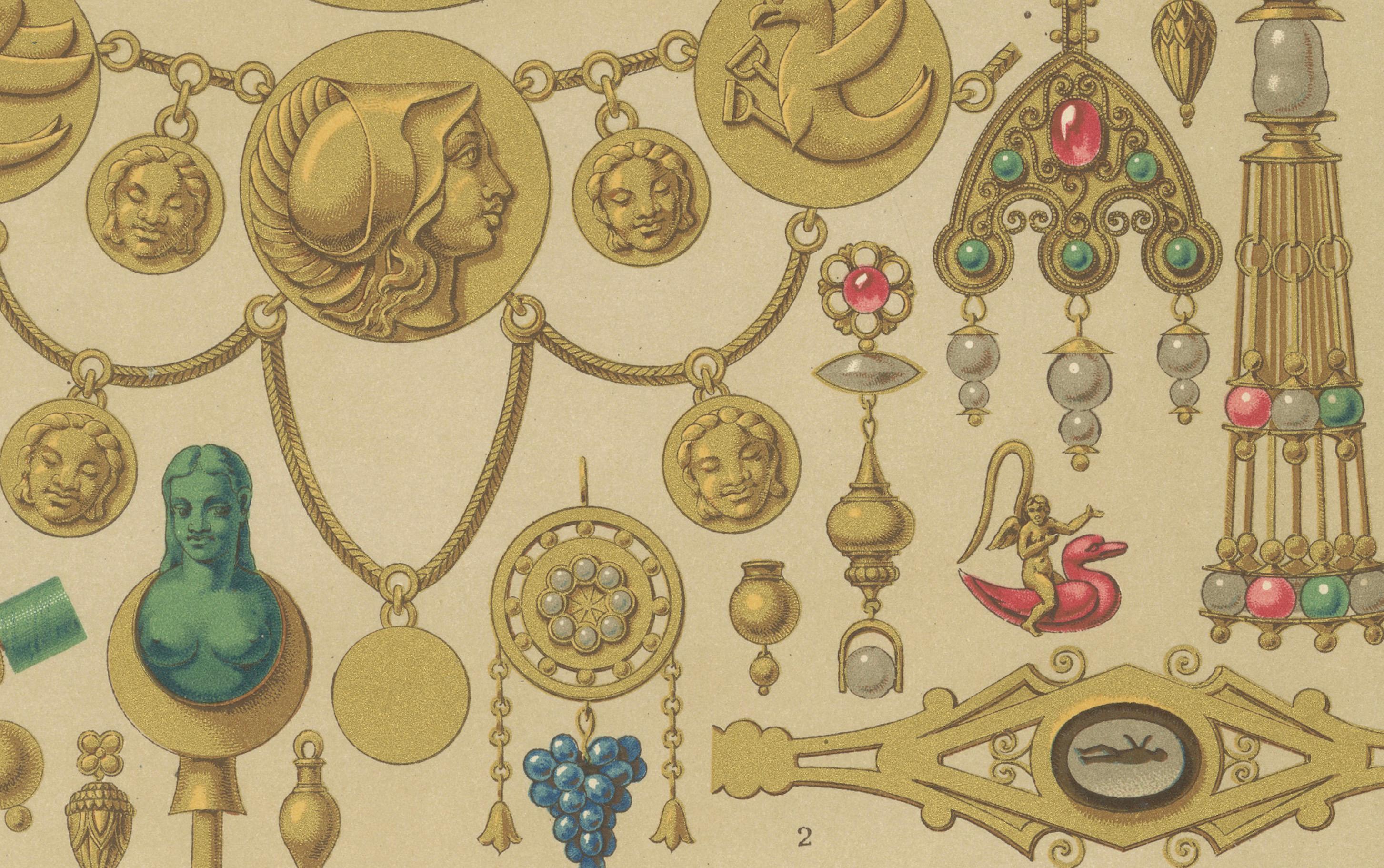 Français Gravure sur bijoux étrusques - Lithographie ancienne de motifs d'ornements en or et en pierres précieuses, 1869 en vente