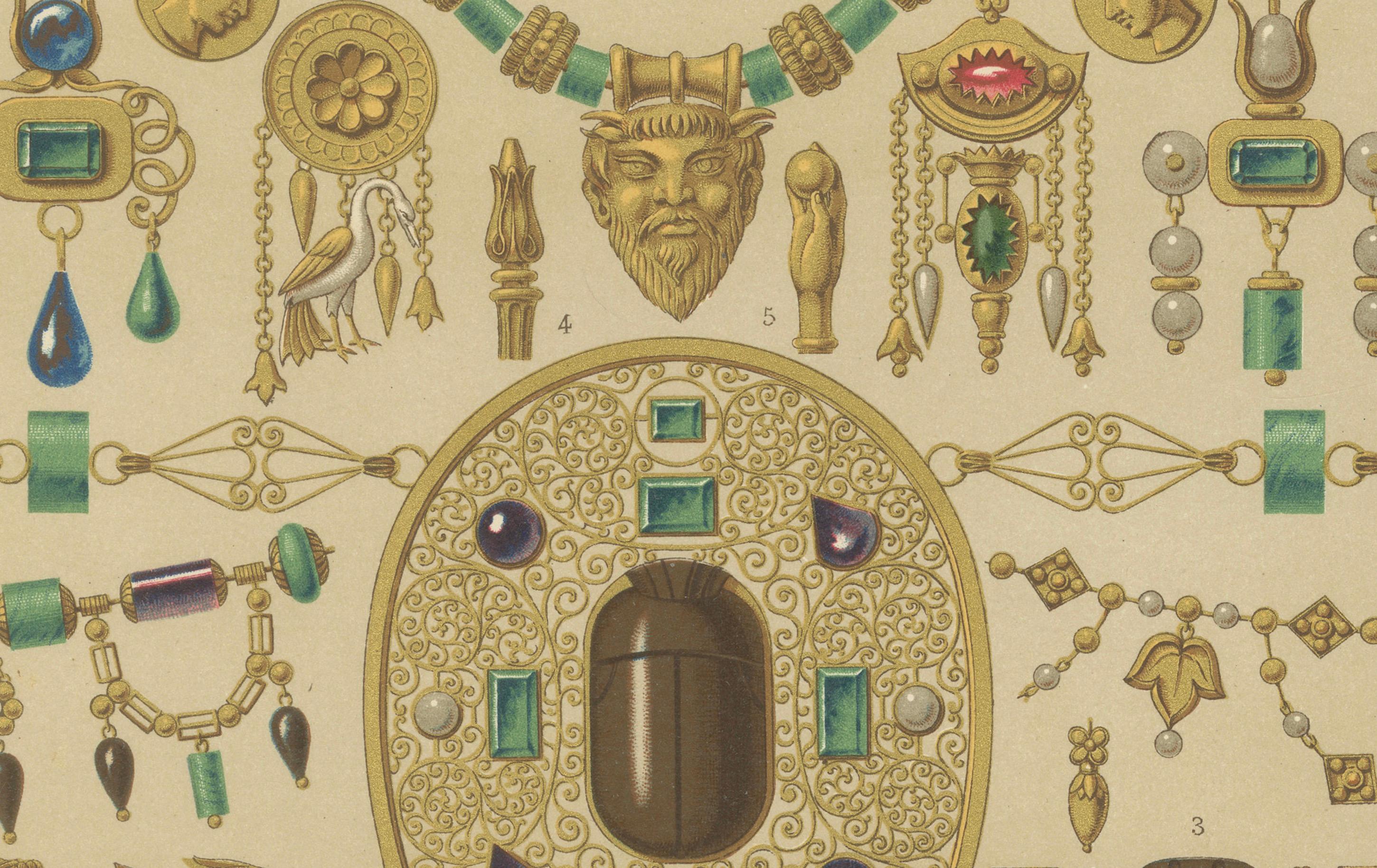 XIXe siècle Gravure sur bijoux étrusques - Lithographie ancienne de motifs d'ornements en or et en pierres précieuses, 1869 en vente