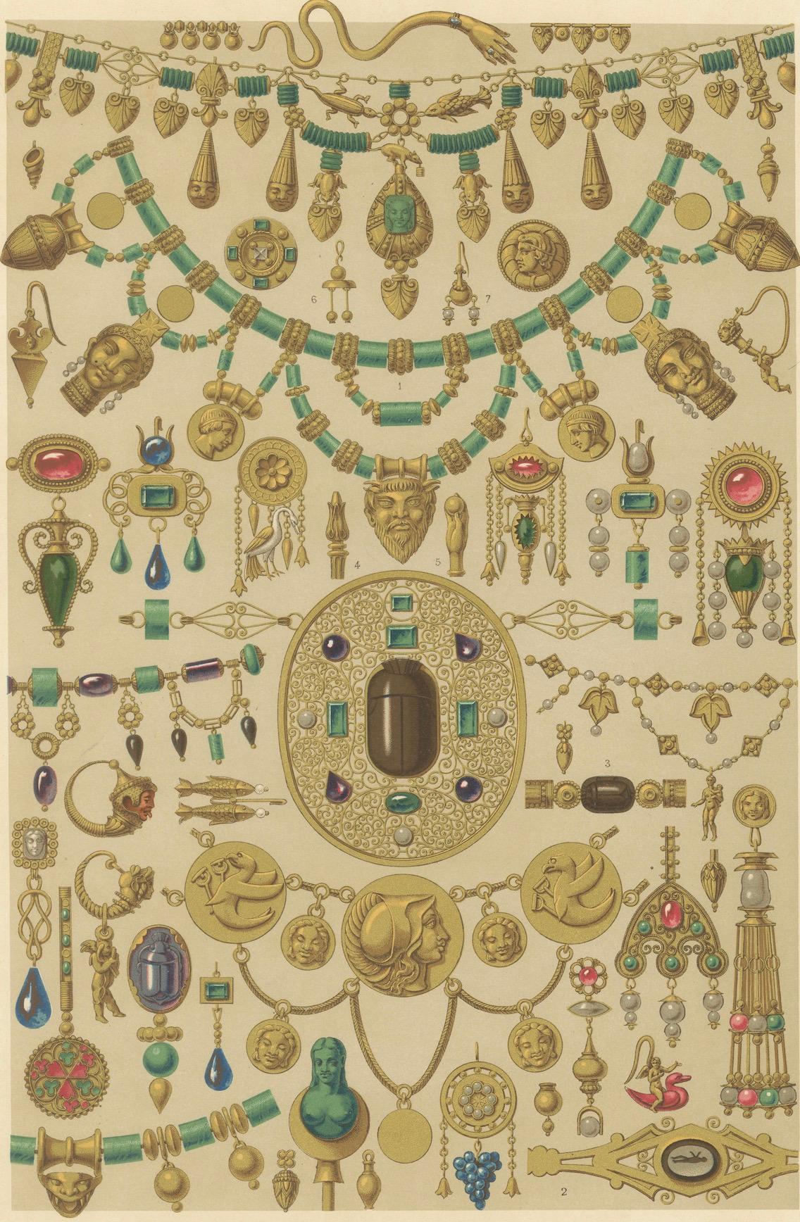 Papier Gravure sur bijoux étrusques - Lithographie ancienne de motifs d'ornements en or et en pierres précieuses, 1869 en vente