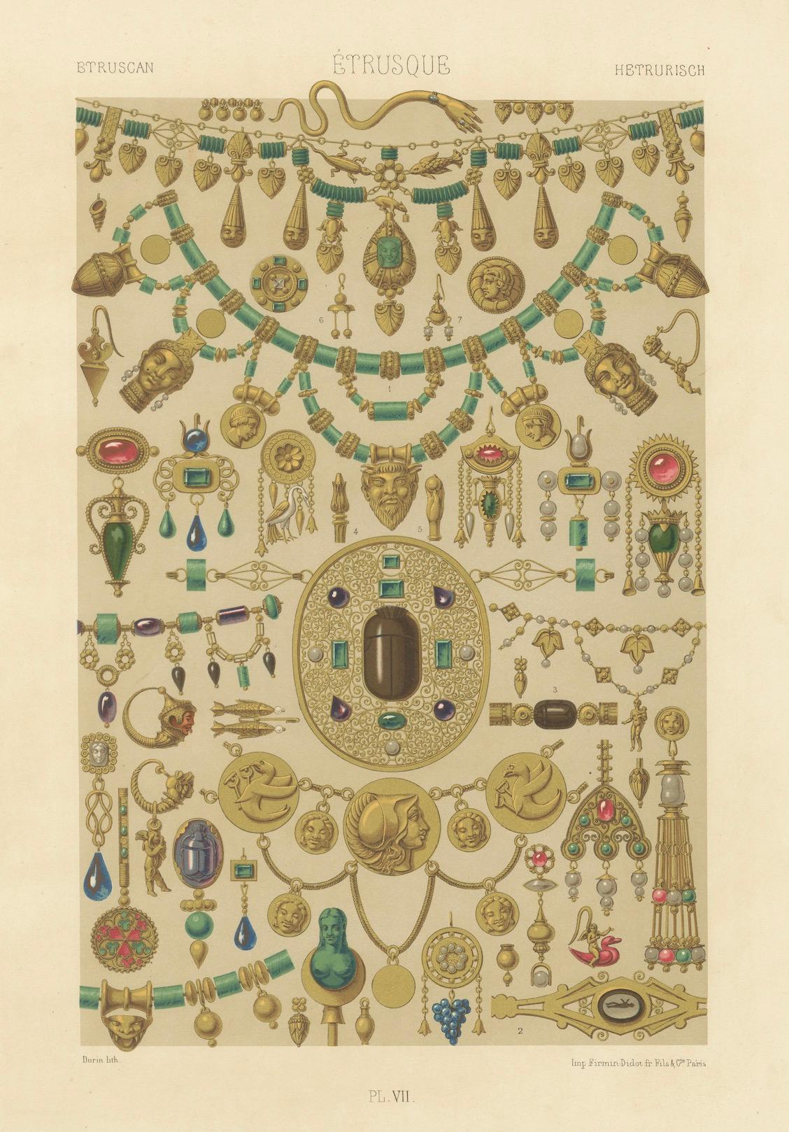 Gravure sur bijoux étrusques - Lithographie ancienne de motifs d'ornements en or et en pierres précieuses, 1869 en vente 1