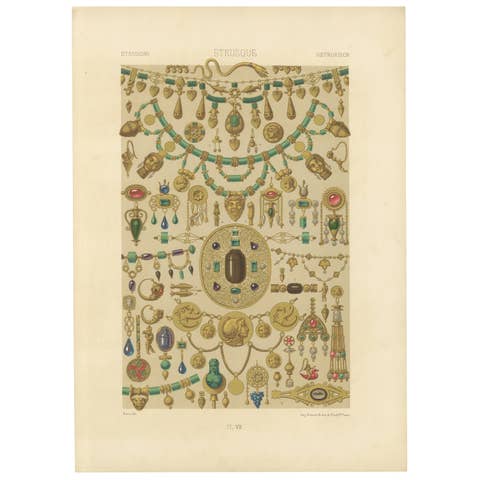 Etruscan Jewelry Print – Antique Lithograph of Gold & Gem Ornament Designs, 1869