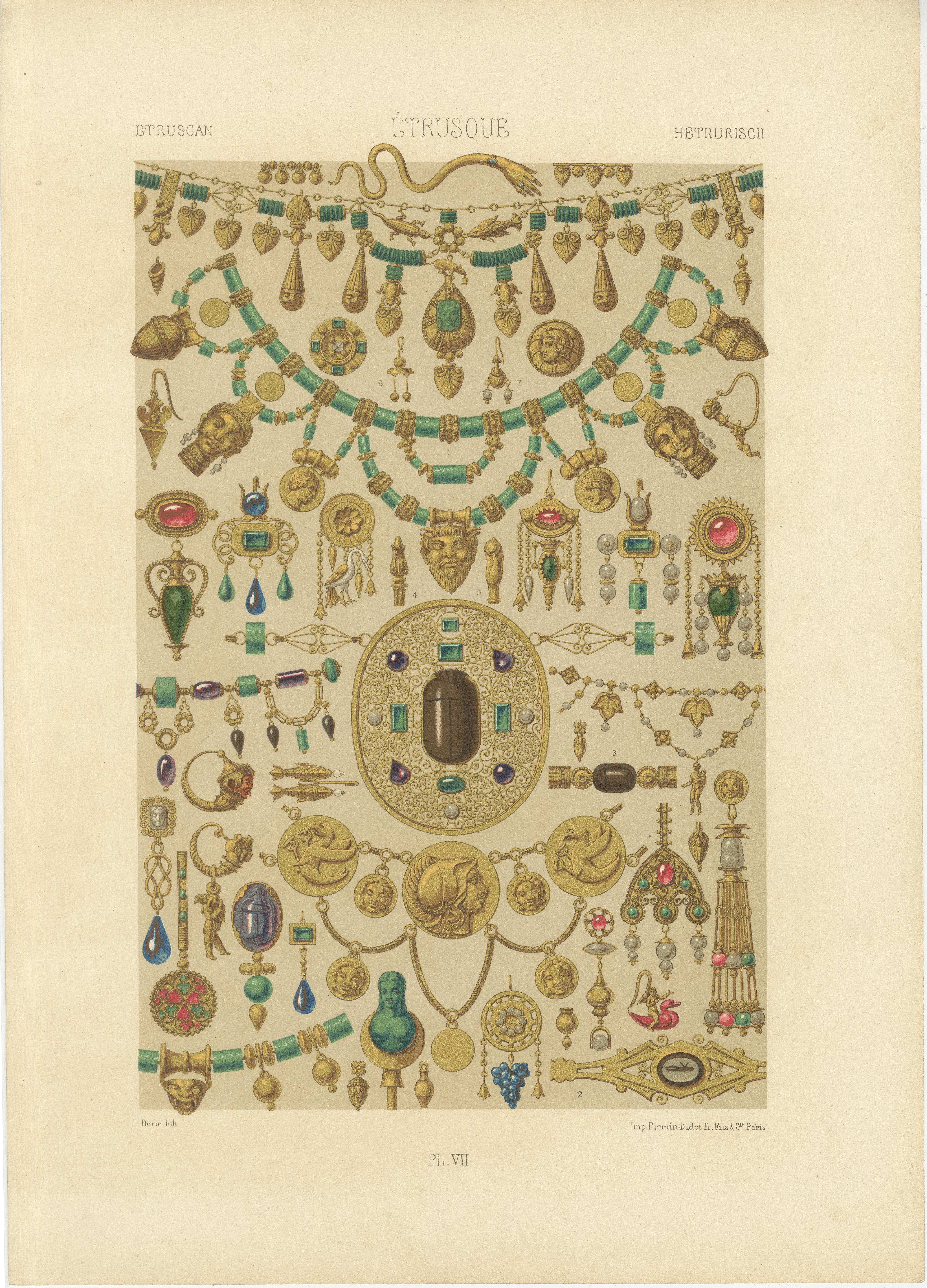 Etruskischer Schmuckdruck - Antike Lithographie von Gold- und Edelsteinornamenten, 1869