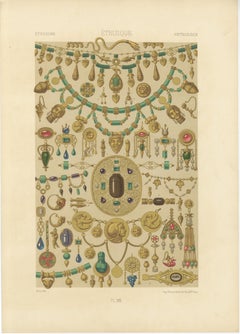 Impresión de joyas etruscas - Litografía antigua de diseños de ornamentos de oro y gemas, 1869