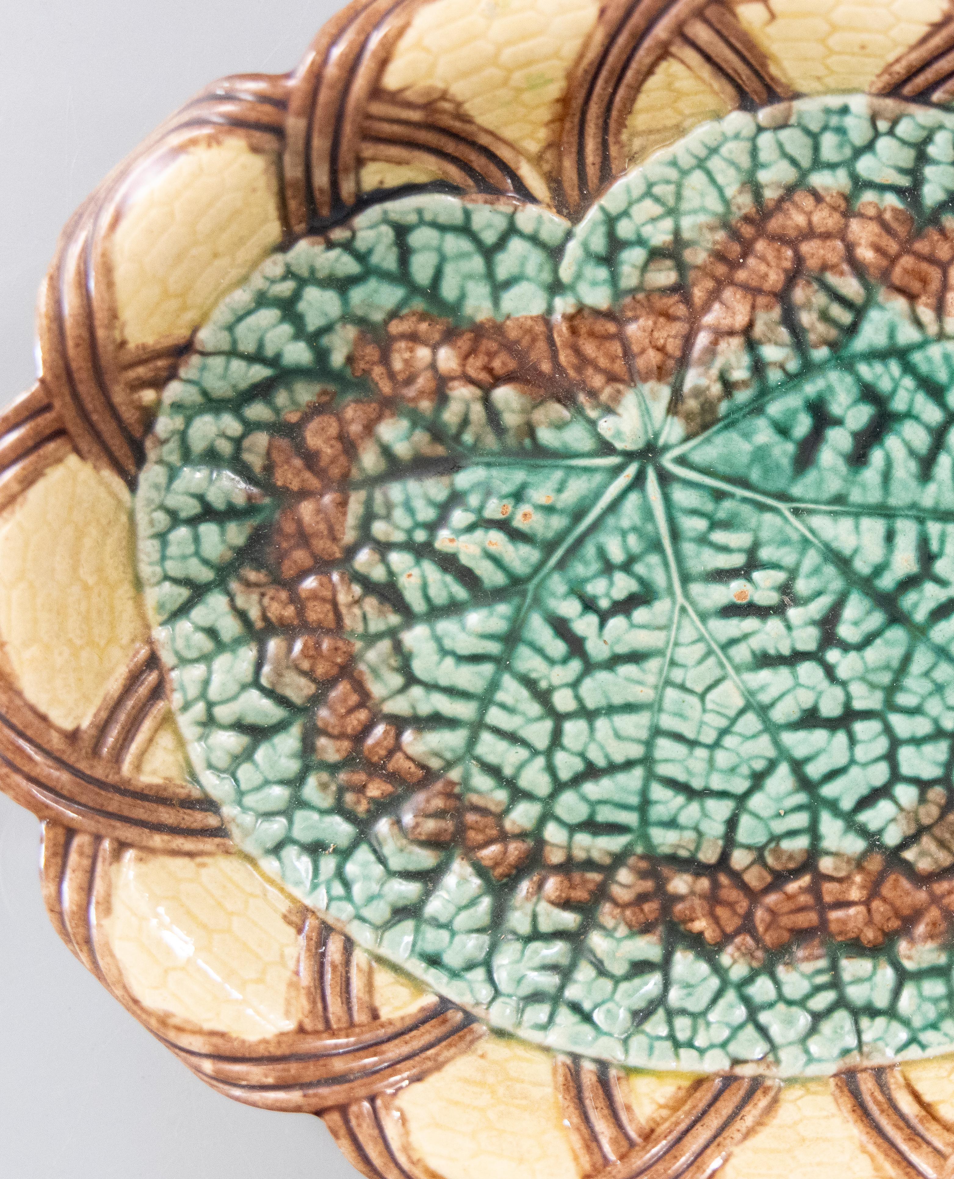 Un superbo piatto etrusco in maiolica verde con foglie di begonia e un delizioso bordo smerlato a intreccio di Griffen, Smith and Hill di Phoenixville Pennsylvania, circa 1880. Marcato 