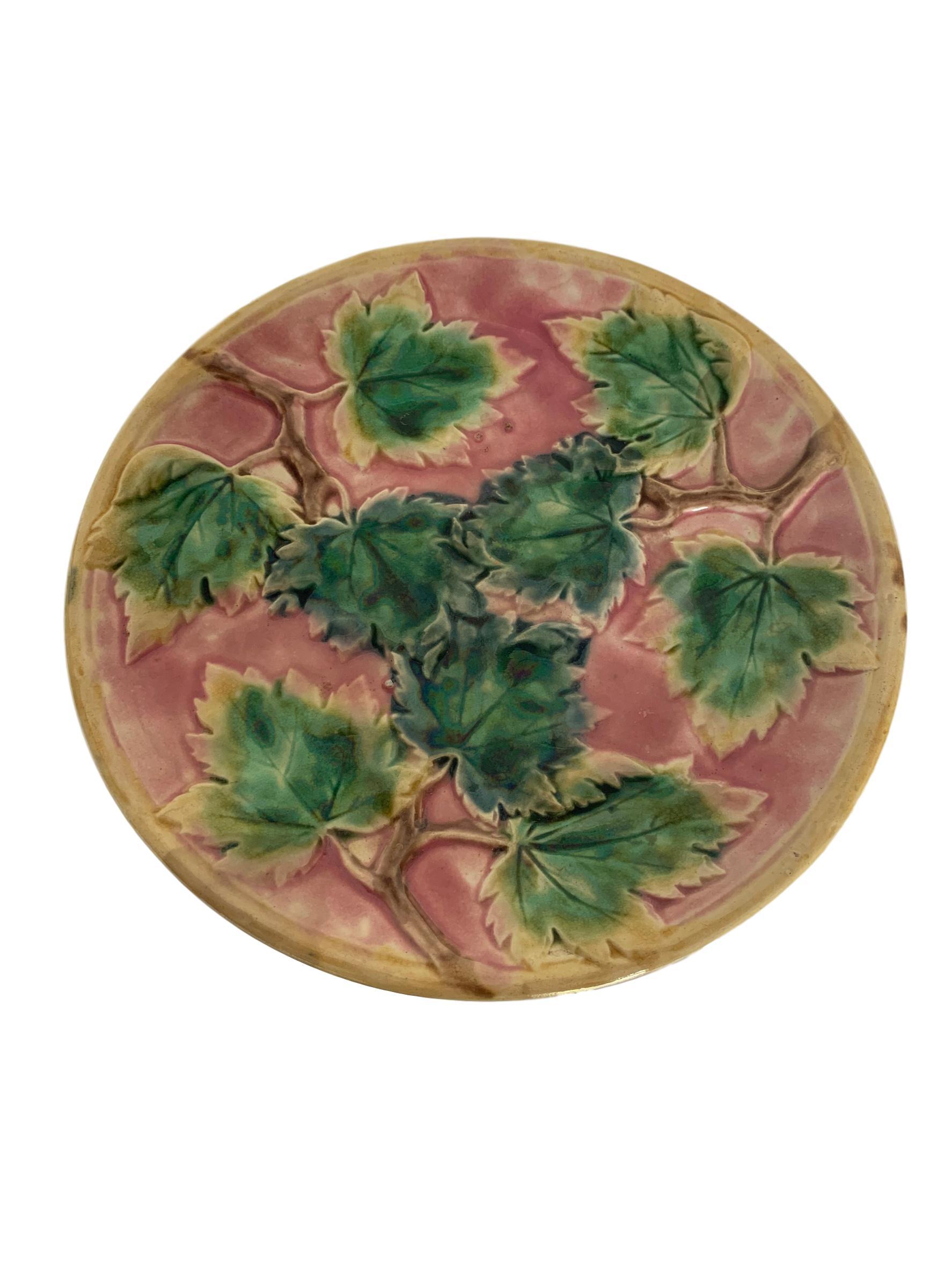 Etruscan Majolica maple leaf compote on pink ground, by Griffin, Smith & Hill, circa 1880.