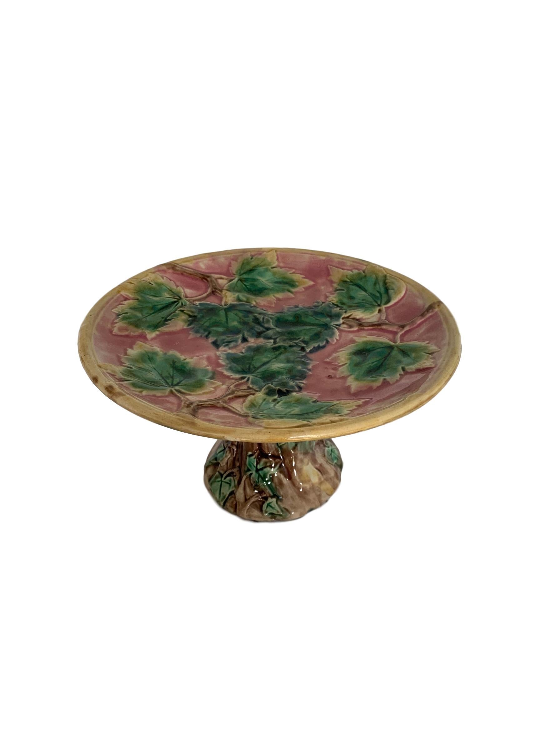Victorian Etruscan Majolica Maple Leaf Compote on Pink Ground, by Griffin, Smith & Hill
