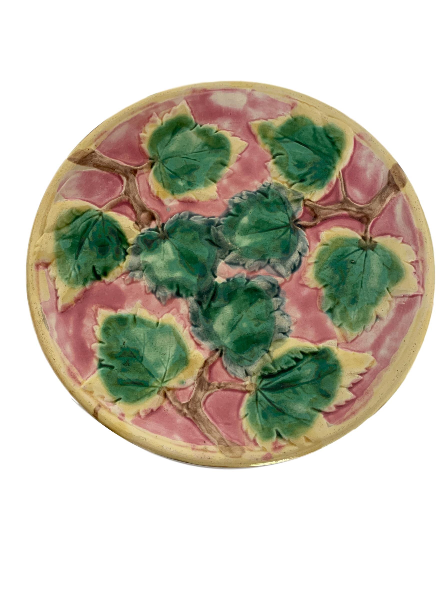 American Etruscan Majolica Maple Leaf Compote on Pink Ground, by Griffin, Smith & Hill