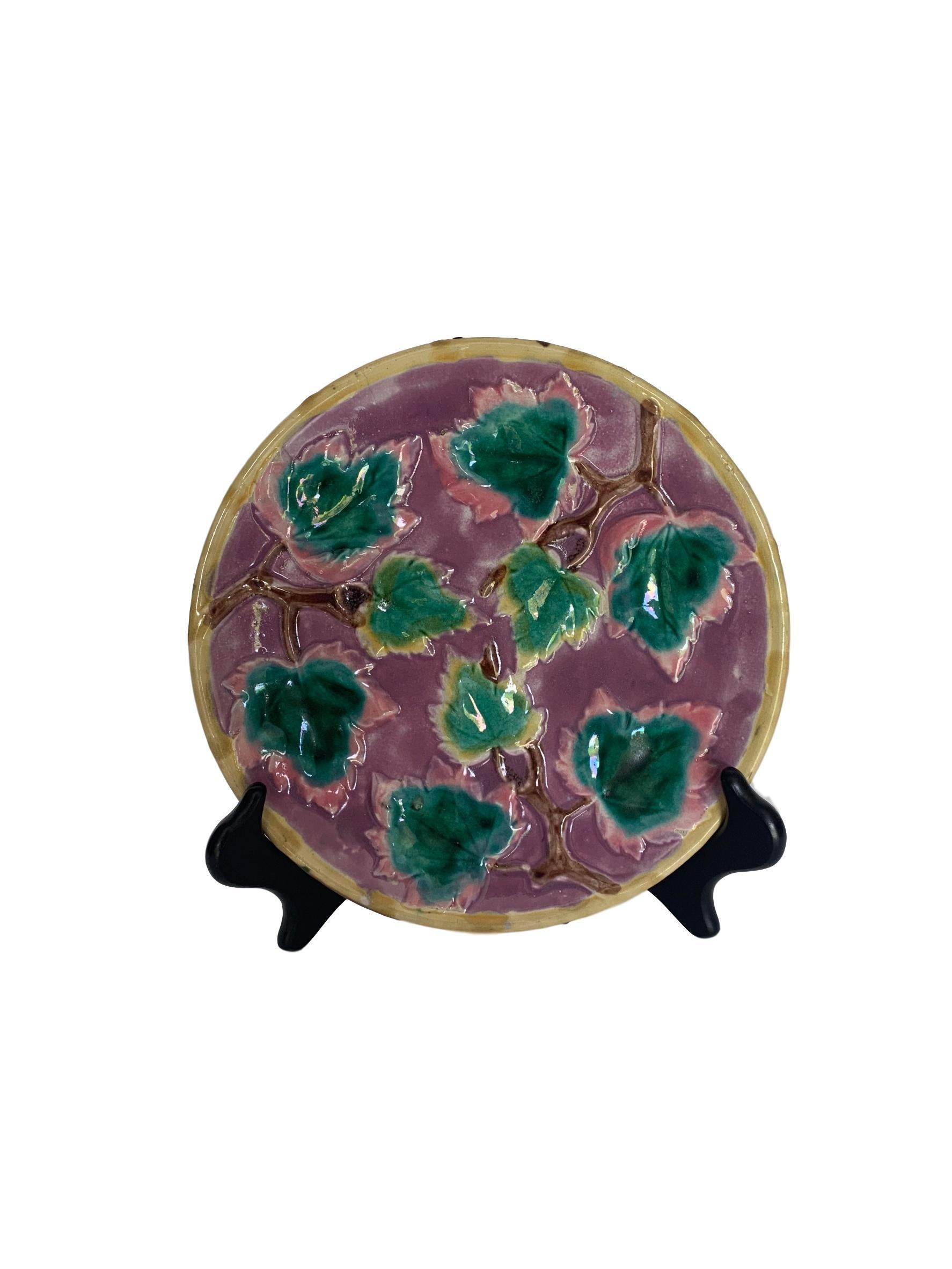 Etruscan Majolica maple leaf plate on purple ground, by Griffin, Smith & Hill, American, circa 1880. 

In great condition and excellent coloration.